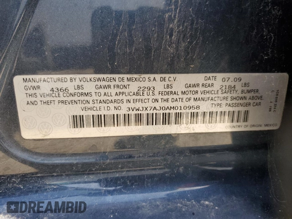 2010 Volkswagen Jetta S with VIN 3VWJX7AJ0AM010958, listed as a Copart auction lot 51334955 with 178,684 mi miles and Salvage title. Bid and sale history available at DreamBid. Image 15.