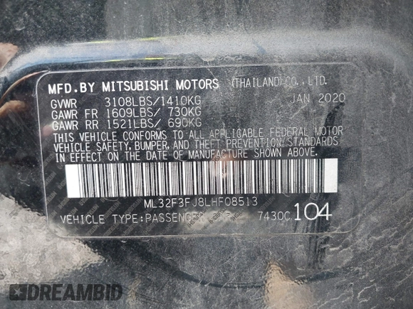 2020 Mitsubishi Mirage ES с VIN ML32F3FJ8LHF08513, выставлен на аукционе IAAI как лот 42159711 с пробегом 67 348 миль миль и . История ставок и продаж доступна на DreamBid. Изображение 9.
