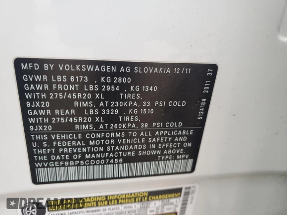 2012 Volkswagen Touareg Exec with VIN WVGEF9BP5CD007456, listed as a Copart auction lot 85225874 with Not Provided miles and Non Repairable. Bid and sale history available at DreamBid. Image 14.
