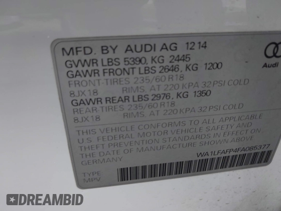2015 Audi Q5 Premium Plus with VIN WA1LFAFP4FA085377, listed as a IAAI auction lot 41925060 with 99,940 mi miles and . Bid and sale history available at DreamBid. Image 9.