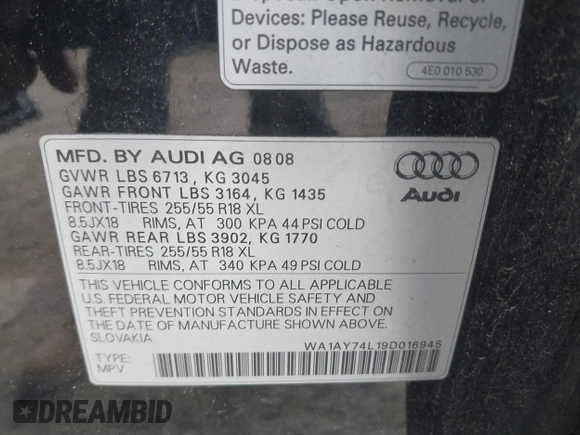 2009 Audi Q7 with VIN WA1AY74L19D016945, listed as a IAAI auction lot 39480989 with 149,769 mi miles and . Bid and sale history available at DreamBid. Image 9.