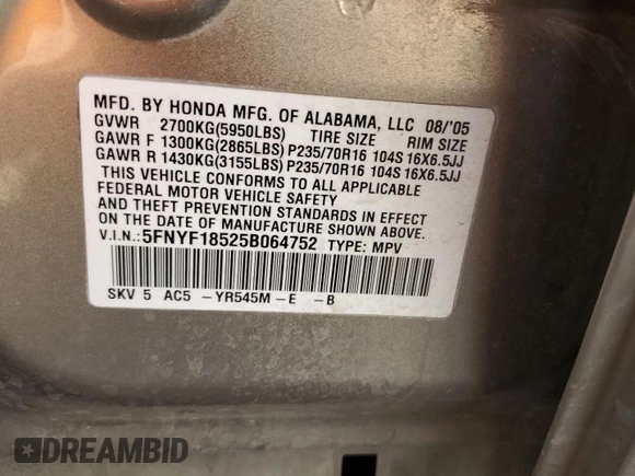 2005 Honda Pilot EX-L z VIN 5FNYF18525B064752, wystawiony jako Copart lot #56022115 z przebiegiem 221 161 mil mil oraz Szkoda całkowita • Salvage title. Historia ofert i sprzedaży dostępna na DreamBid. Obrazek 13.