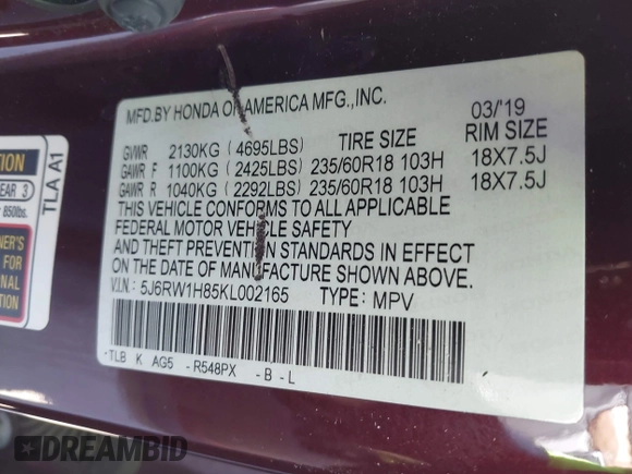 2019 Honda CR-V EX-L with VIN 5J6RW1H85KL002165, listed as a IAAI auction lot 41842267 with 127,466 mi miles. Bid and sale history available at carsss.com. Image 9.