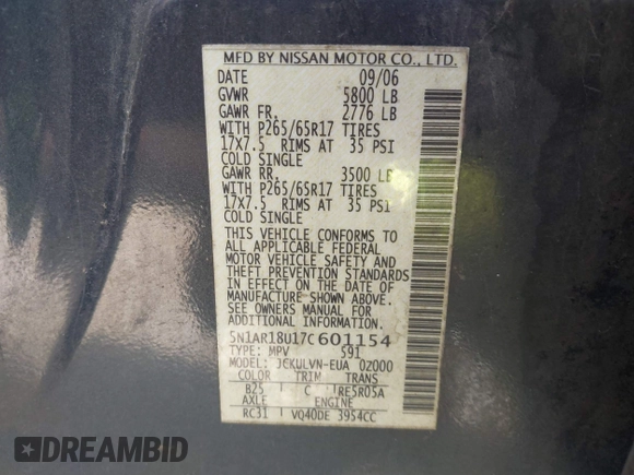 2007 Nissan Pathfinder S z VIN 5N1AR18U17C601154, wystawiony jako IAAI lot #40690847 z przebiegiem 233 307 mil mil oraz . Historia ofert i sprzedaży dostępna na DreamBid. Obrazek 9.