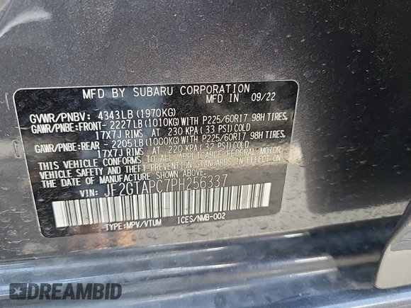 2023 Subaru Crosstrek Premium с VIN JF2GTAPC7PH256337, выставлен на аукционе IAAI как лот 42550046 с пробегом 12 298 миль миль и . История ставок и продаж доступна на DreamBid. Изображение 8.