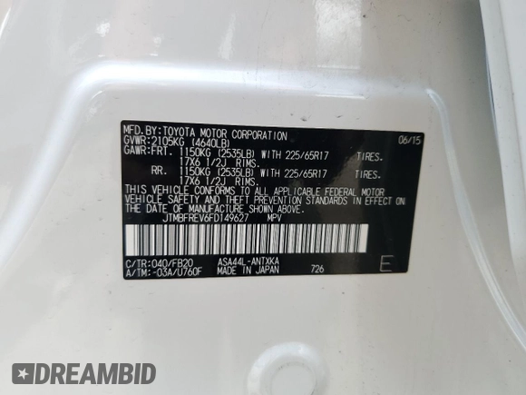2015 Toyota RAV4 LE z VIN JTMBFREV6FD149627, wystawiony jako Copart lot #55961285 z przebiegiem 116 201 mil mil oraz Szkoda całkowita • Salvage title. Historia ofert i sprzedaży dostępna na DreamBid. Obrazek 14.