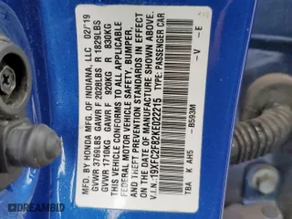 2019 Honda Civic Sedan Sport with VIN 19XFC2F82KE022215, listed as a Copart auction lot 50644045 with 66,756 mi miles and Salvage Title. Bid and sale history available at carsss.com. Image 12.