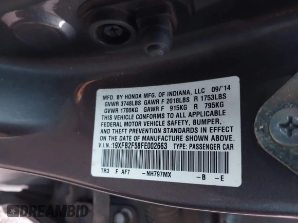 2015 Honda Civic Sedan LX with VIN 19XFB2F58FE002663, listed as a IAAI auction lot 41795876 with 103,662 mi miles. Bid and sale history available at carsss.com. Image 9.