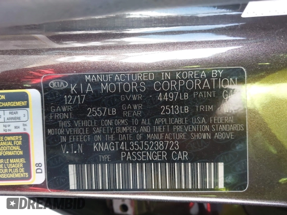 2018 Kia Optima LX with VIN KNAGT4L35J5238723, listed as a IAAI auction lot 41702109 with 66,620 mi miles. Bid and sale history available at carsss.com. Image 9.