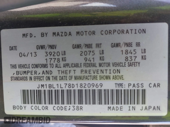 2013 Mazda 3 i Touring with VIN JM1BL1L78D1820969, listed as a IAAI auction lot 42087817 with 83,654 mi miles and . Bid and sale history available at carsss.com. Image 9.
