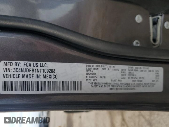 2022 Jeep Compass Latitude Lux with VIN 3C4NJDFB1NT109208, listed as a Copart auction lot 58017015 with Not provided miles and Non repairable. Bid and sale history available at DreamBid. Image 14.