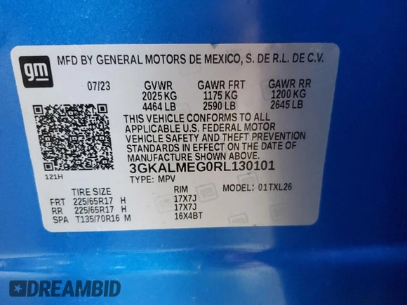 2024 GMC Terrain SLE with VIN 3GKALMEG0RL130101, listed as a Copart auction lot 58255165 with 9,511 mi miles and Salvage title. Bid and sale history available at DreamBid. Image 12.
