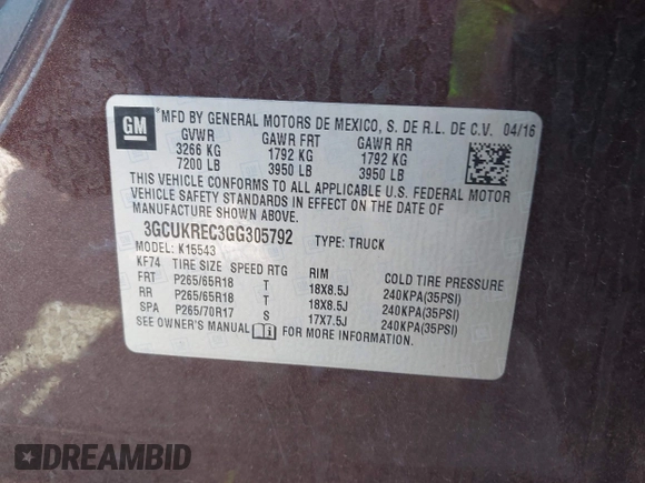 2016 Chevrolet Silverado 1500 LT with VIN 3GCUKREC3GG305792, listed as a IAAI auction lot 42083847 with 72,325 mi miles and . Bid and sale history available at DreamBid. Image 9.