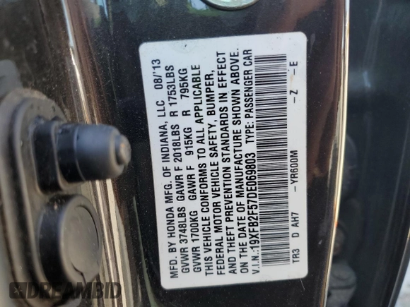 2013 Honda Civic LX with VIN 19XFB2F57DE069803, listed as a Copart auction lot 52199115 with 109,448 mi miles and Salvage Title. Bid and sale history available at DreamBid. Image 13.