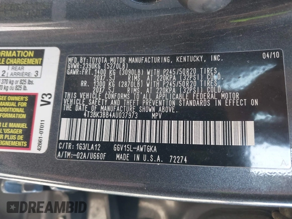 2010 Toyota Venza with VIN 4T3BK3BB4AU037973, listed as a IAAI auction lot 41694492 with 217,675 mi miles and . Bid and sale history available at DreamBid. Image 9.