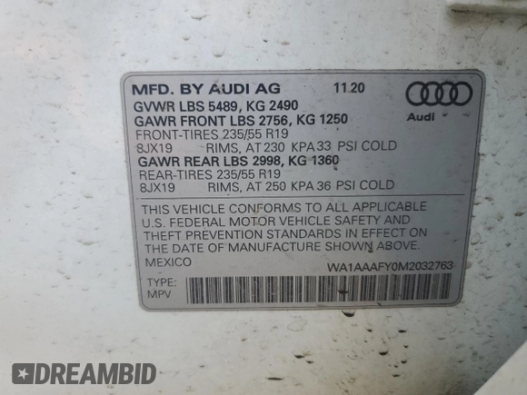 2021 Audi Q5 Premium with VIN WA1AAAFY0M2032763, listed as a Copart auction lot 50742395 with 50,511 mi miles and Salvage Title. Bid and sale history available at carsss.com. Image 14.