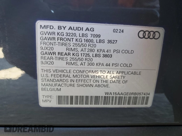 2024 Audi Q8 e-tron Premium Plus z VIN WA15AAGE0RB057434, wystawiony jako Copart lot #68937884 z przebiegiem 1 487 mil mil oraz Szkoda całkowita • Salvage title. Historia ofert i sprzedaży dostępna na DreamBid. Obrazek 13.
