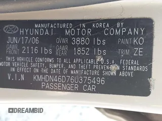 2006 Hyundai Elantra GLS with VIN KMHDN46D76U375496, listed as a IAAI auction lot 42583939 with 197,444 mi miles and . Bid and sale history available at DreamBid. Image 9.