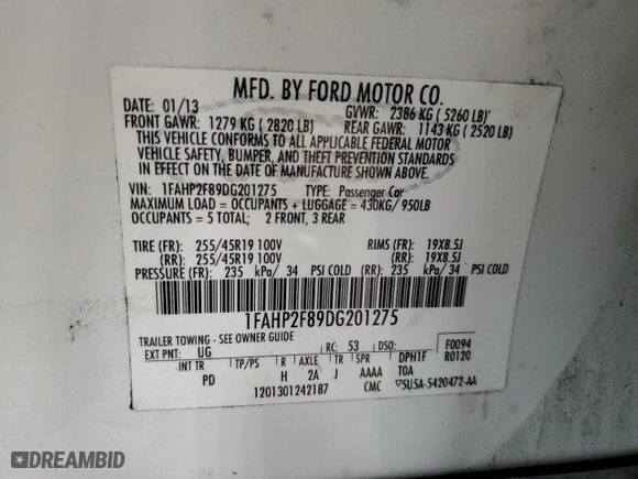 2013 Ford Taurus Limited with VIN 1FAHP2F89DG201275, listed as a Copart auction lot 50202734 with 130,089 mi miles and Salvage Title. Bid and sale history available at carsss.com. Image 14.