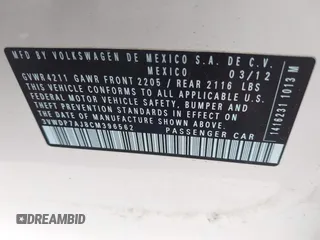 2012 Volkswagen Jetta SE with VIN 3VWDP7AJ8CM396562, listed as a IAAI auction lot 42523926 with Not provided miles and . Bid and sale history available at DreamBid. Image 9.