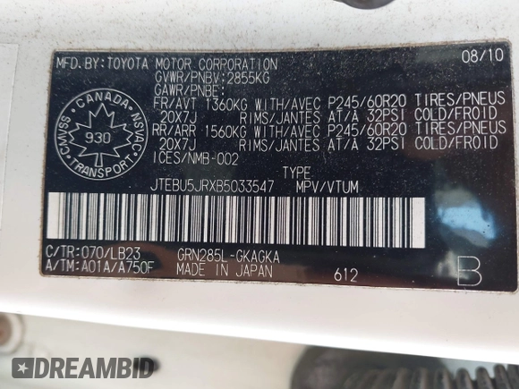 2011 Toyota 4Runner Trail с VIN JTEBU5JRXB5033547, выставлен на аукционе IAAI как лот 42576807 с пробегом 233 681 миль миль и . История ставок и продаж доступна на DreamBid. Изображение 9.