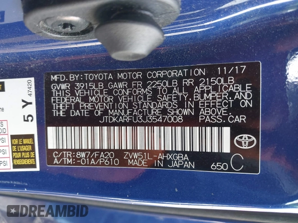 2018 Toyota Prius Two with VIN JTDKARFU3J3547008, listed as a IAAI auction lot 41804861 with 125,946 mi miles. Bid and sale history available at carsss.com. Image 9.