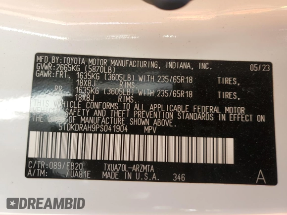 2023 Toyota Highlander L z VIN 5TDKDRAH9PS041904, wystawiony jako Copart lot #57425145 z przebiegiem 30 953 mil mil oraz Szkoda całkowita • Salvage title. Historia ofert i sprzedaży dostępna na DreamBid. Obrazek 13.