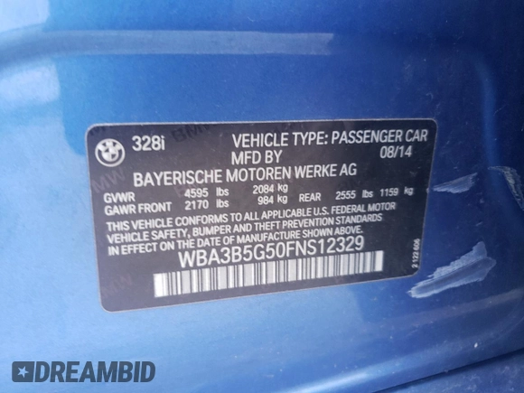 2015 BMW 3 Series 328i xDrive with VIN WBA3B5G50FNS12329, listed as a Copart auction lot 62928215 with 146,562 mi miles and Salvage title. Bid and sale history available at DreamBid. Image 12.