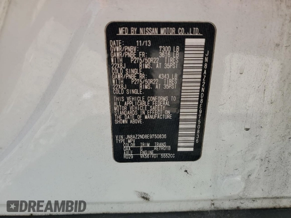 2014 Infiniti QX80 с VIN JN8AZ2ND8E9750836, выставлен на аукционе Copart как лот 62141075 с пробегом 182 317 миль миль и Чистый • Clean title. История ставок и продаж доступна на DreamBid. Изображение 14.