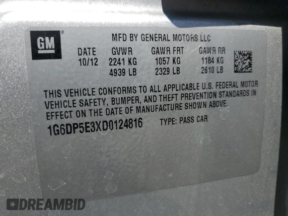 2013 Cadillac CTS Premium with VIN 1G6DP5E3XD0124816, listed as a Copart auction lot 57612365 with 180,713 mi miles and Salvage title. Bid and sale history available at DreamBid. Image 12.