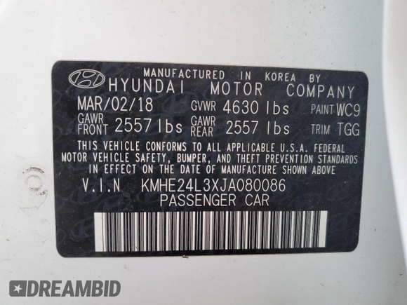 2018 Hyundai Sonata Hybrid SE with VIN KMHE24L3XJA080086, listed as a Copart auction lot 87439294 with 80,343 mi miles and Salvage Title. Bid and sale history available at carsss.com. Image 12.
