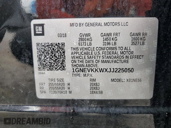2018 Chevrolet Traverse High Country with VIN 1GNEVKKWXJJ225050, listed as a Copart auction lot 66377704 with 130,088 mi miles and Salvage Title. Bid and sale history available at carsss.com. Image 14.