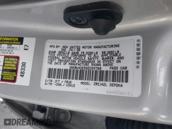 2009 Toyota Corolla with VIN 1NXBU40E59Z033769, listed as a IAAI auction lot 41933434 with 155,378 mi miles. Bid and sale history available at carsss.com. Image 9.