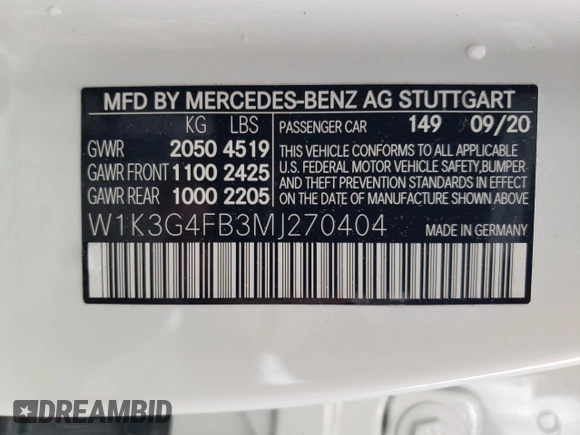 2021 Mercedes-Benz A 220 z VIN W1K3G4FB3MJ270404, wystawiony jako Copart lot #57637575 z przebiegiem 23 708 mil mil oraz Szkoda całkowita • Salvage title. Historia ofert i sprzedaży dostępna na DreamBid. Obrazek 12.