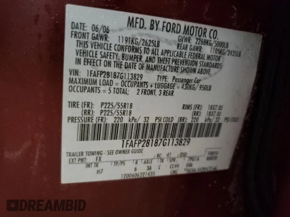 2007 Ford Five Hundred Limited с VIN 1FAFP28187G113829, выставлен на аукционе Copart как лот 43576415 с пробегом Не указан миль и Чистый • Clean title. История ставок и продаж доступна на DreamBid. Изображение 12.