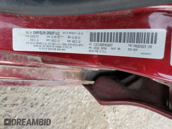 2015 Chrysler 200 Limited with VIN 1C3CCCAB3FN616247, listed as a Copart auction lot 85297264 with 0 mi miles and Salvage Title. Bid and sale history available at carsss.com. Image 12.