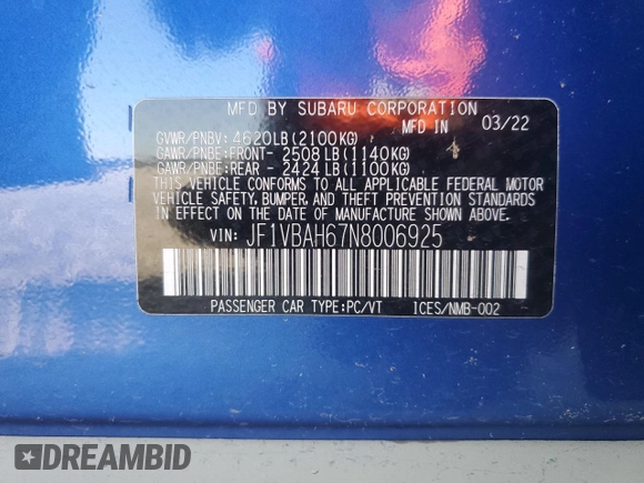 2022 Subaru WRX Premium with VIN JF1VBAH67N8006925, listed as a Copart auction lot 75093274 with 0 mi miles and Non Repairable. Bid and sale history available at carsss.com. Image 13.