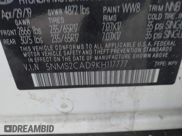 2019 Hyundai Santa Fe SE with VIN 5NMS2CAD9KH117777, listed as a IAAI auction lot 42296811 with 82,188 mi miles and . Bid and sale history available at DreamBid. Image 9.