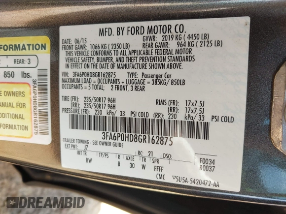 2016 Ford Fusion SE with VIN 3FA6P0HD8GR162875, listed as a IAAI auction lot 42434422 with 200,000 mi miles and . Bid and sale history available at DreamBid. Image 9.