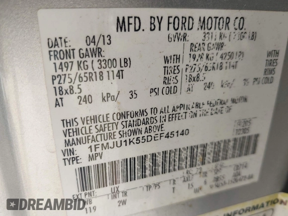 2013 Ford Expedition Limited z VIN 1FMJU1K55DEF45140, wystawiony jako IAAI lot #40653896 z przebiegiem 178 027 mil mil oraz . Historia ofert i sprzedaży dostępna na DreamBid. Obrazek 9.