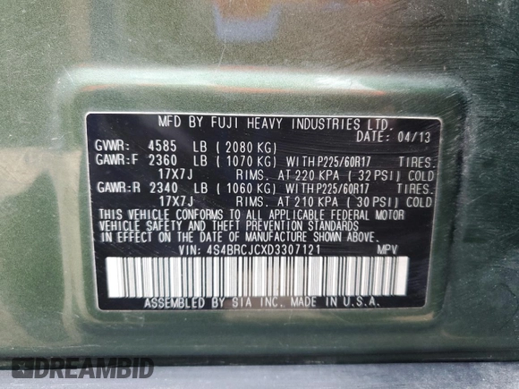 2013 Subaru Outback Limited с VIN 4S4BRCJCXD3307121, выставлен на аукционе Copart как лот 57762055 с пробегом 137 895 миль миль и Списание • Salvage title. История ставок и продаж доступна на DreamBid. Изображение 13.