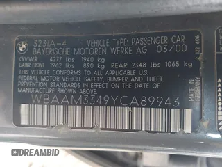 2000 BMW 3 Series 323i z VIN WBAAM3349YCA89943, wystawiony jako IAAI lot #41601117 z przebiegiem 177 726 mil mil oraz . Historia ofert i sprzedaży dostępna na DreamBid. Obrazek 9.