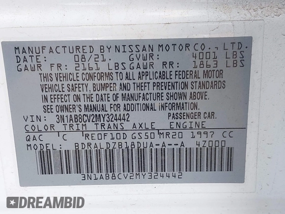 2021 Nissan Sentra SV with VIN 3N1AB8CV2MY324442, listed as a IAAI auction lot 41929705 with 74,685 mi miles and . Bid and sale history available at DreamBid. Image 9.