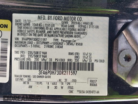 2013 Ford Fusion SE with VIN 3FA6P0H73DR211597, listed as a IAAI auction lot 42367877 with 135,645 mi miles and . Bid and sale history available at DreamBid. Image 9.
