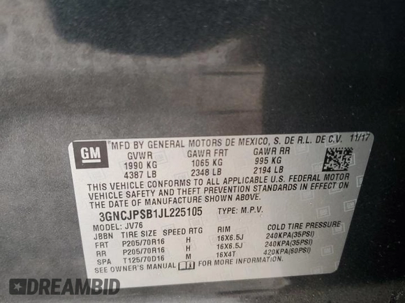 2018 Chevrolet Trax LT with VIN 3GNCJPSB1JL225105, listed as a Copart auction lot 49535115 with 95,483 mi miles and Clean Title. Bid and sale history available at DreamBid. Image 13.