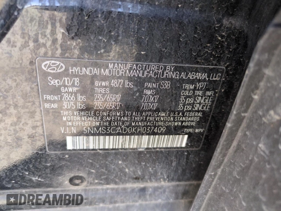 2019 Hyundai Santa Fe SEL z VIN 5NMS3CAD0KH037409, wystawiony jako Copart lot #56537725 z przebiegiem 76 224 mil mil oraz Szkoda całkowita • Salvage title. Historia ofert i sprzedaży dostępna na DreamBid. Obrazek 13.