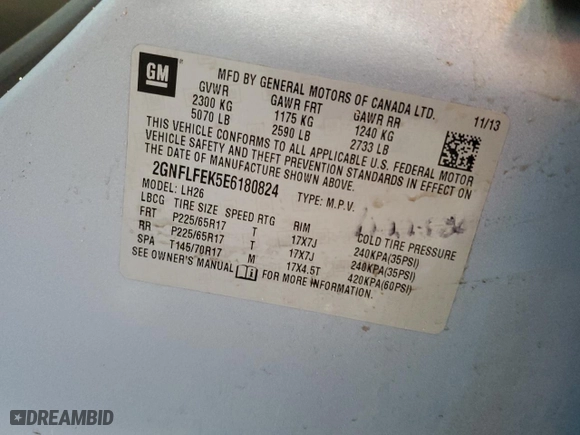 2014 Chevrolet Equinox LT with VIN 2GNFLFEK5E6180824, listed as a Copart auction lot 45361225 with 0 mi miles and Clean Title. Bid and sale history available at carsss.com. Image 13.