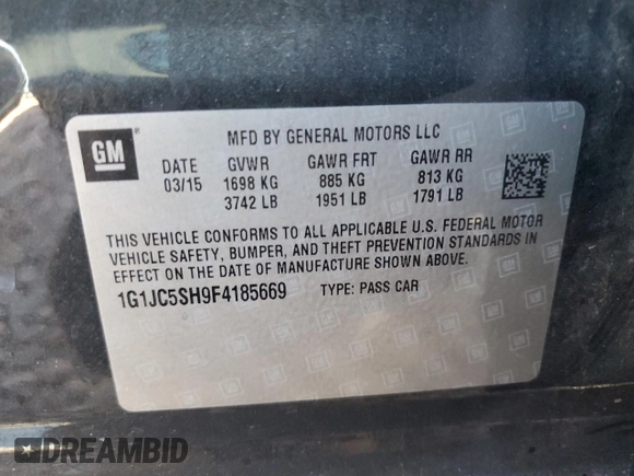 2015 Chevrolet Sonic LT with VIN 1G1JC5SH9F4185669, listed as a Copart auction lot 54649095 with 120,763 mi miles and Clean Title. Bid and sale history available at DreamBid. Image 12.
