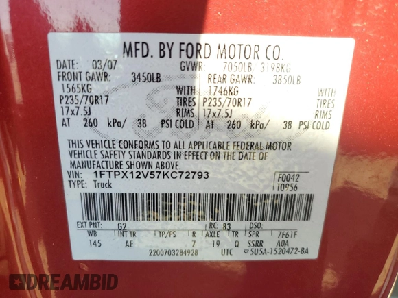 2007 Ford F-150 XL with VIN 1FTPX12V57KC72793, listed as a Copart auction lot 43690065 with 152,665 mi miles and Salvage title. Bid and sale history available at DreamBid. Image 12.