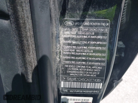 2012 Land Rover Range Rover HSE with VIN SALME1D45CA377436, listed as a IAAI auction lot 42401146 with 127,665 mi miles and . Bid and sale history available at DreamBid. Image 9.